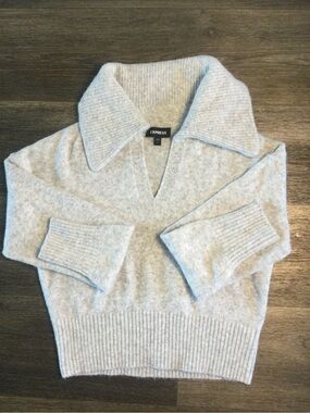 Express Light Gray V-Neck Collared Sweater